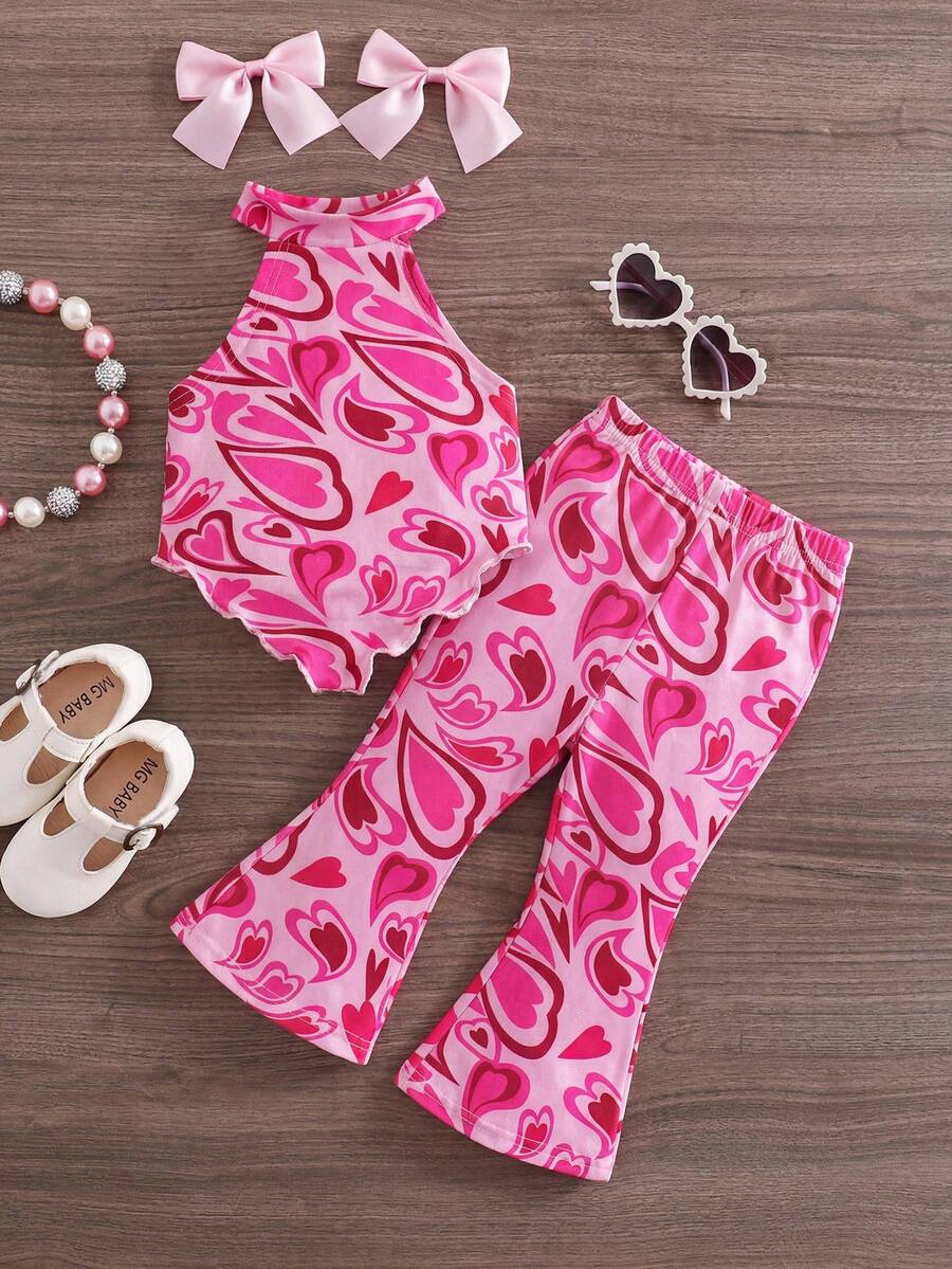 Heart Pattern Halter Top And Flared Pants Set For Baby Girls Valentine Outfit