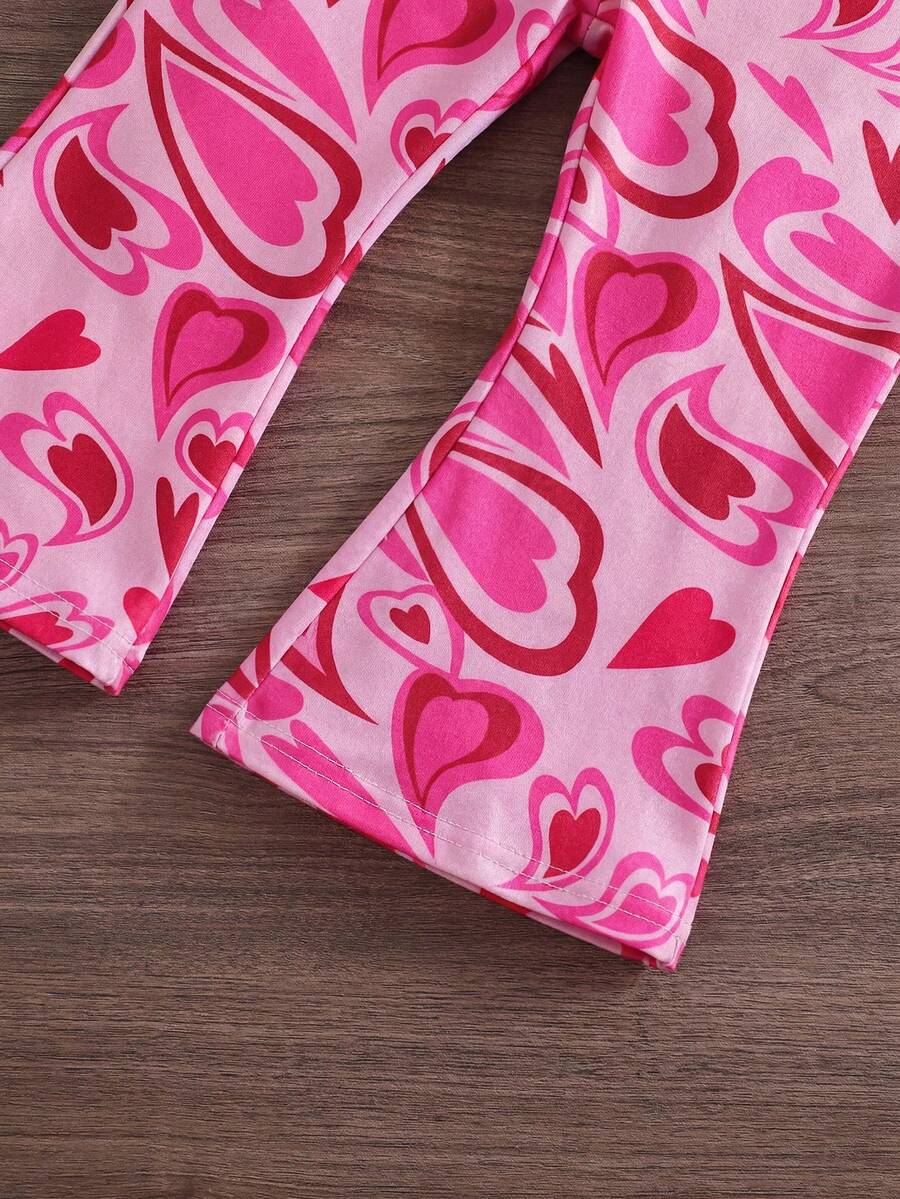 Heart Pattern Halter Top And Flared Pants Set For Baby Girls Valentine Outfit