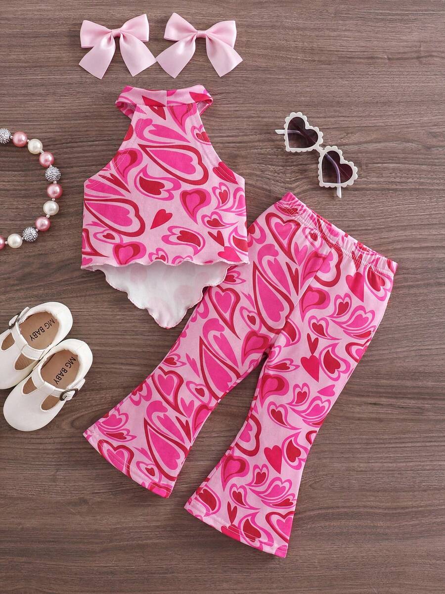 Heart Pattern Halter Top And Flared Pants Set For Baby Girls Valentine Outfit