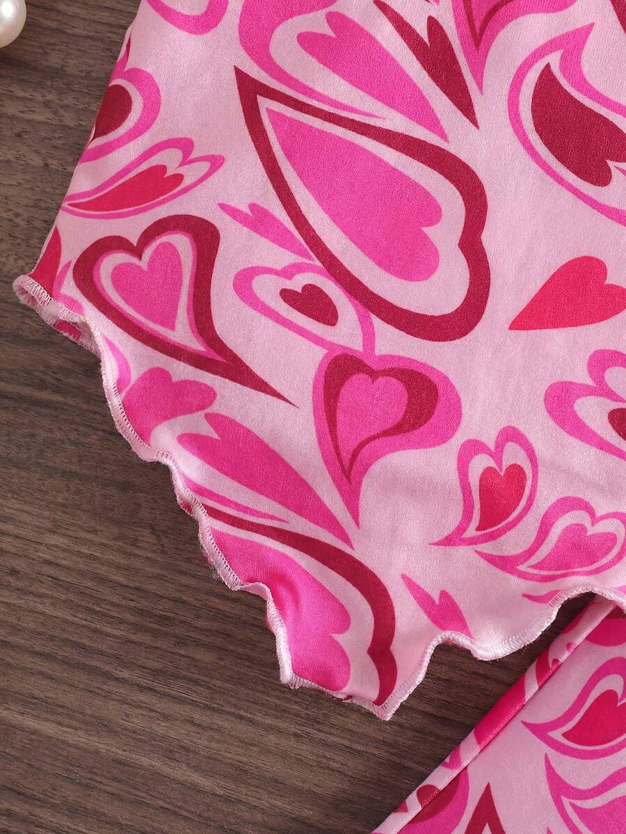 Heart Pattern Halter Top And Flared Pants Set For Baby Girls Valentine Outfit