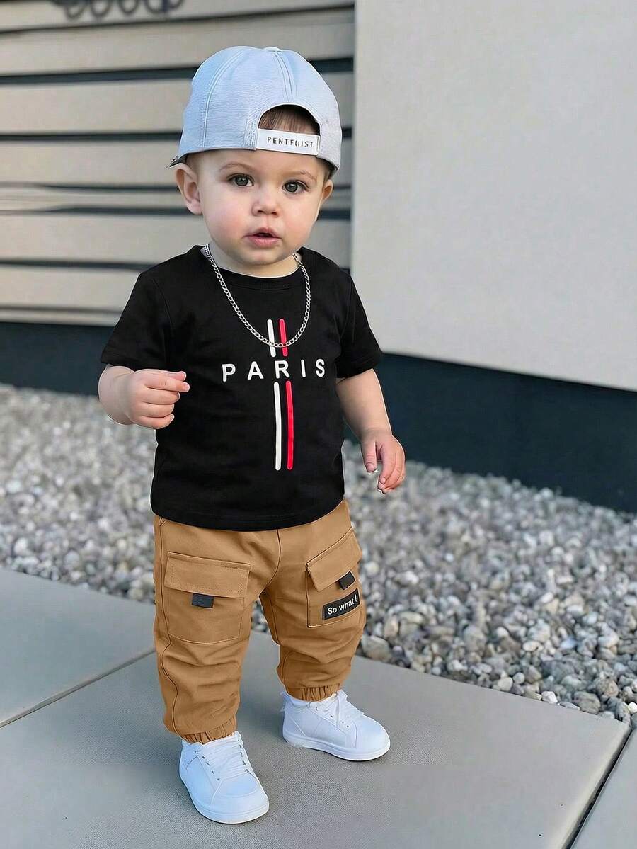 Baby Boy Letter Print T Shirt and Large Pocket Pants 2 Piece Casual Outfit Set for Spring Summer Autumn