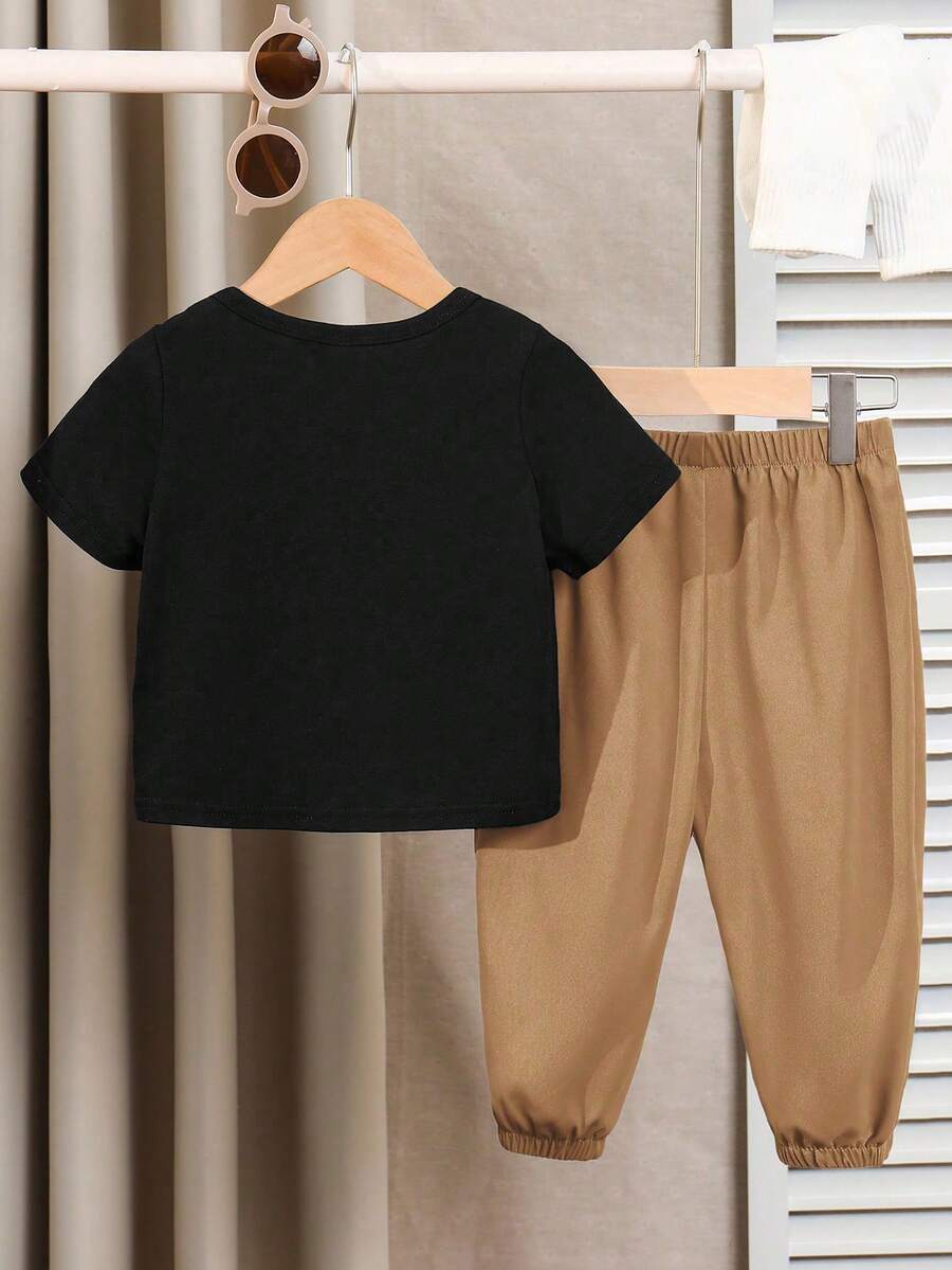 Baby Boy Letter Print T Shirt and Large Pocket Pants 2 Piece Casual Outfit Set for Spring Summer Autumn