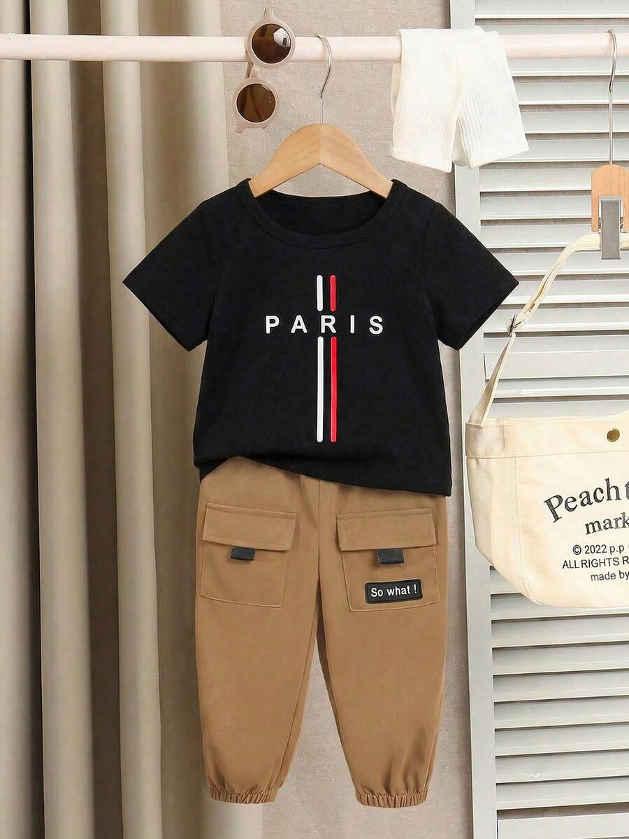 Baby Boy Letter Print T Shirt and Large Pocket Pants 2 Piece Casual Outfit Set for Spring Summer Autumn