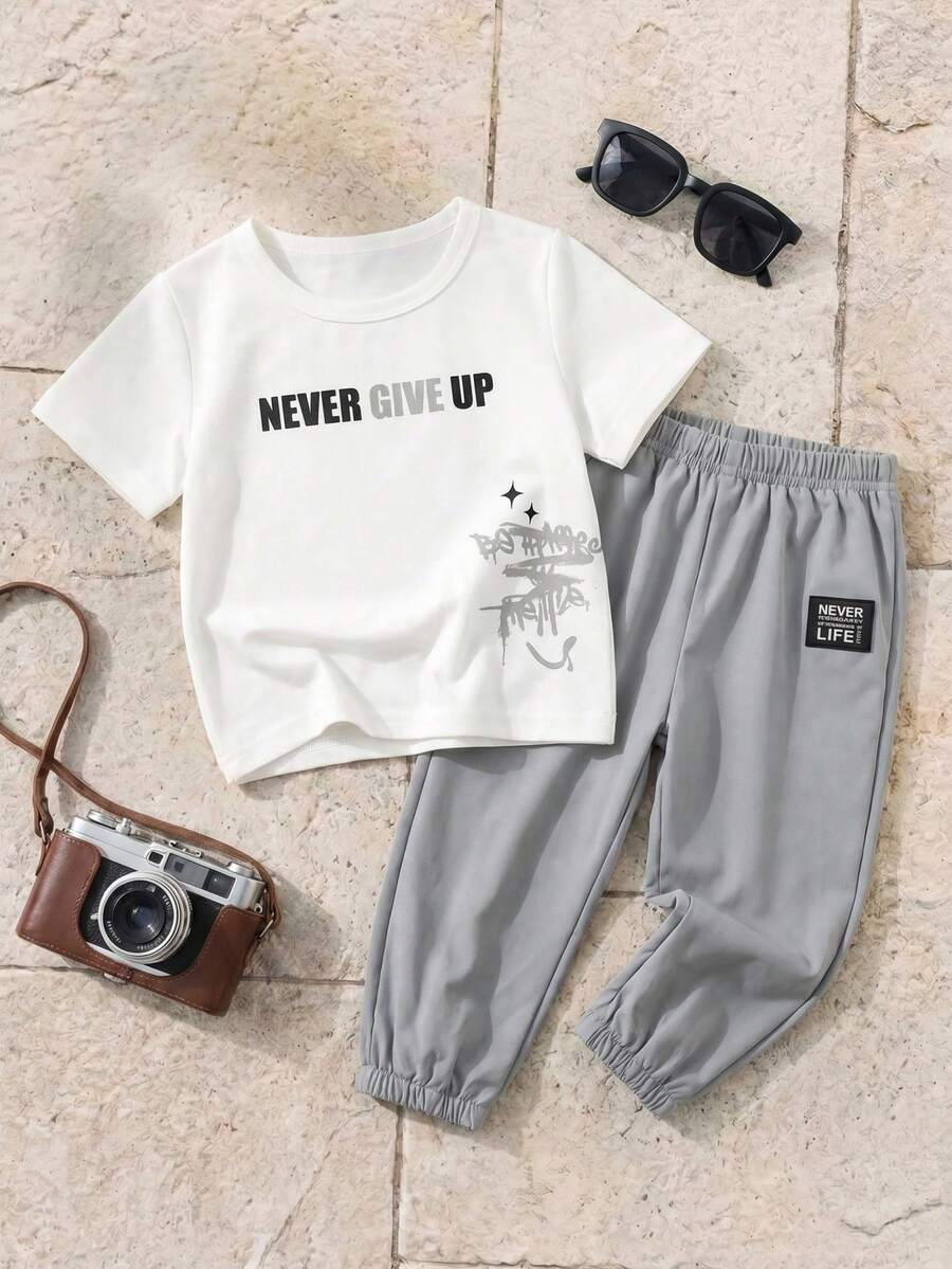 Baby Boy Letter Print T Shirt and Large Pocket Pants 2 Piece Casual Outfit Set for Spring Summer Autumn