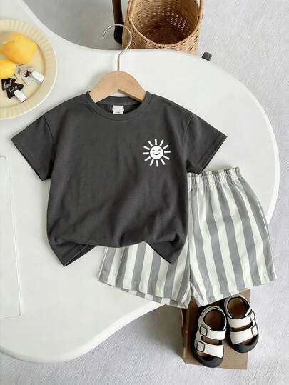 Baby Boy Sun Print T Shirt and Striped Shorts 2 Piece Summer Vacation Outfit Set