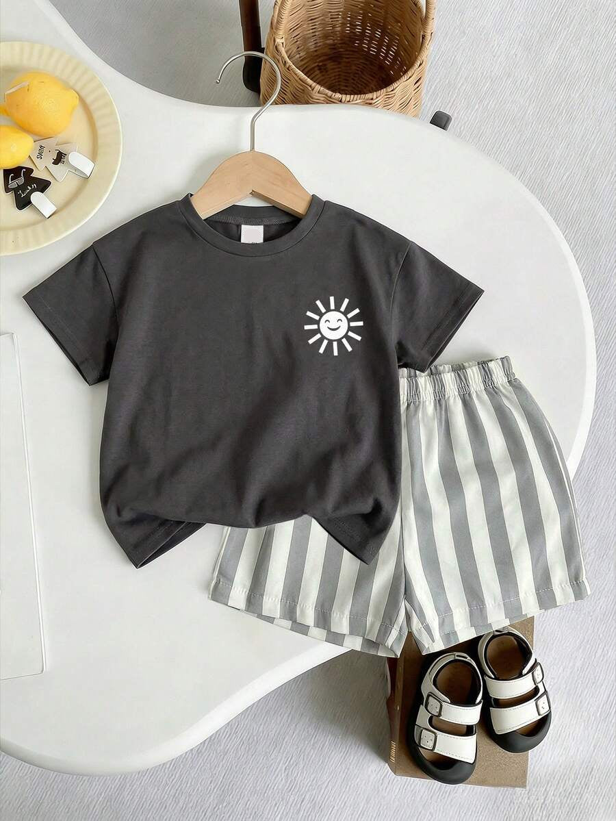 Baby Boy Sun Print T Shirt and Striped Shorts 2 Piece Summer Vacation Outfit Set