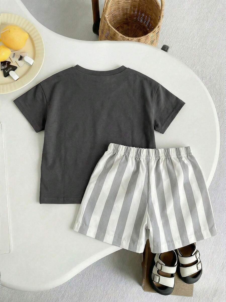 Baby Boy Sun Print T Shirt and Striped Shorts 2 Piece Summer Vacation Outfit Set