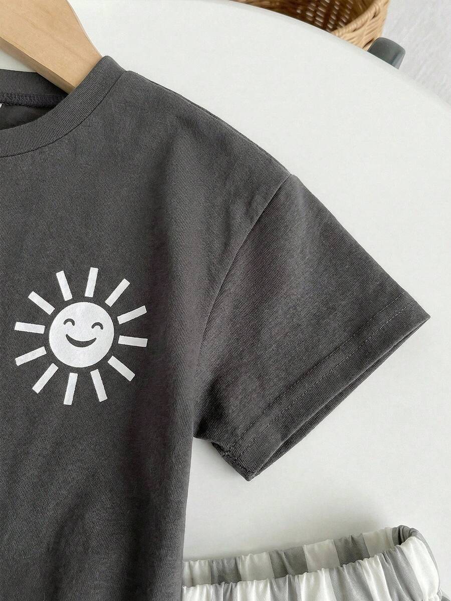 Baby Boy Sun Print T Shirt and Striped Shorts 2 Piece Summer Vacation Outfit Set