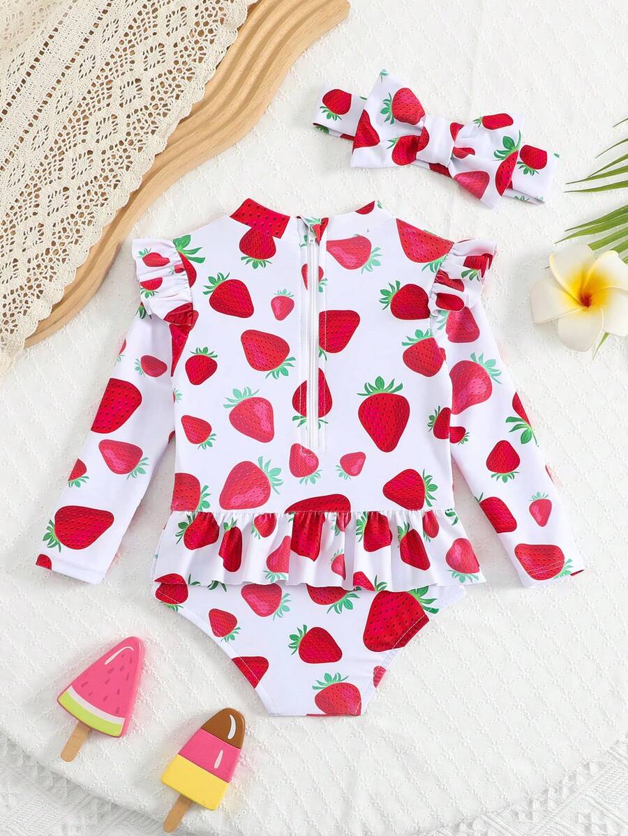 Little Girls Floral Ruffle Swimwear And Matching Headband Summer Vacation Outfit