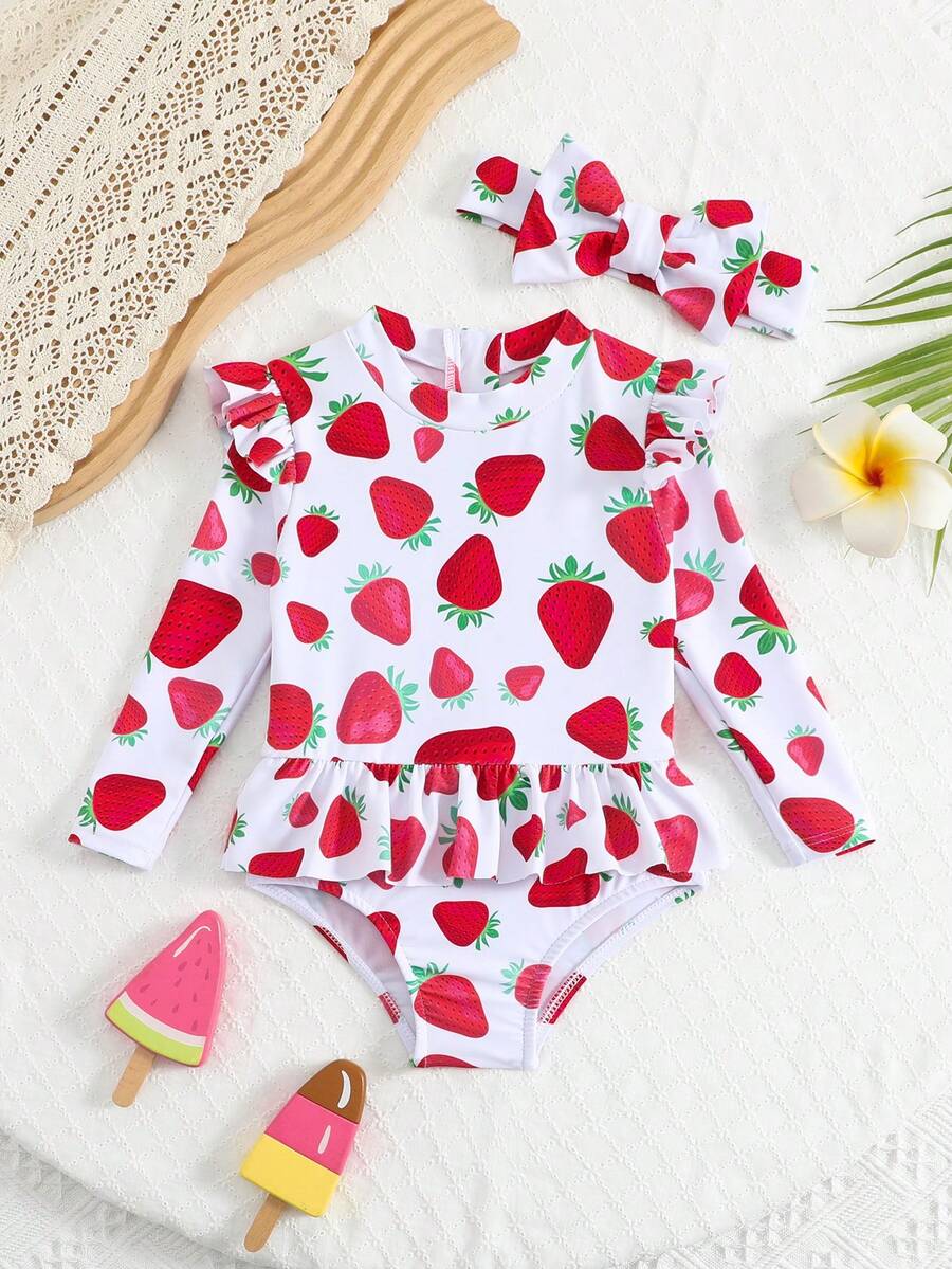 Little Girls Floral Ruffle Swimwear And Matching Headband Summer Vacation Outfit