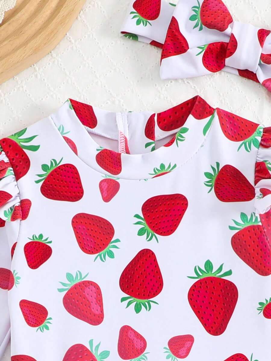 Little Girls Floral Ruffle Swimwear And Matching Headband Summer Vacation Outfit