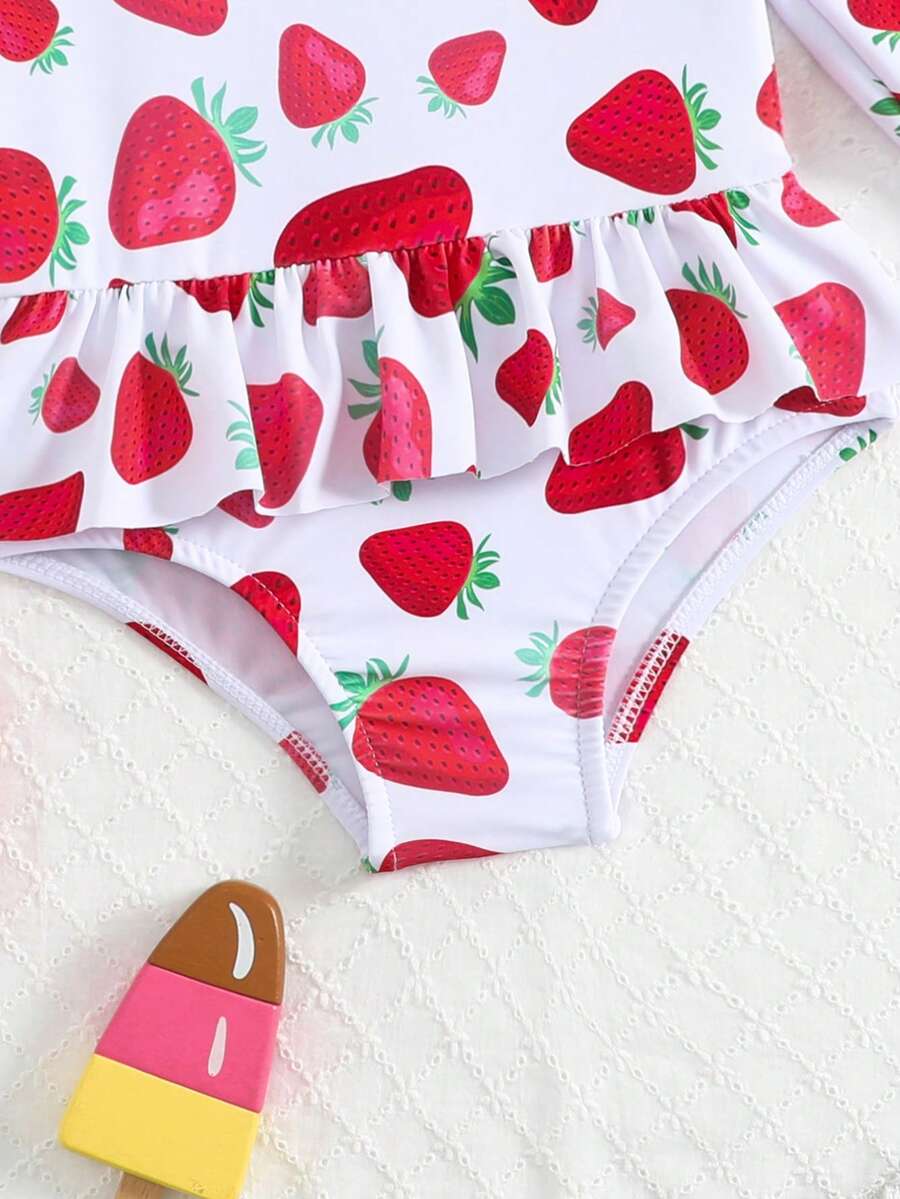 Little Girls Floral Ruffle Swimwear And Matching Headband Summer Vacation Outfit