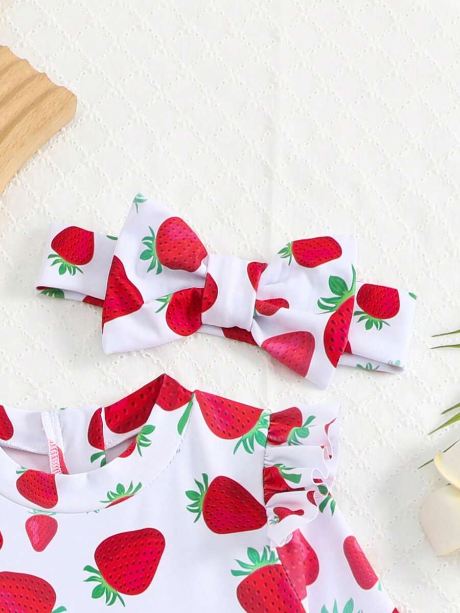 Little Girls Floral Ruffle Swimwear And Matching Headband Summer Vacation Outfit