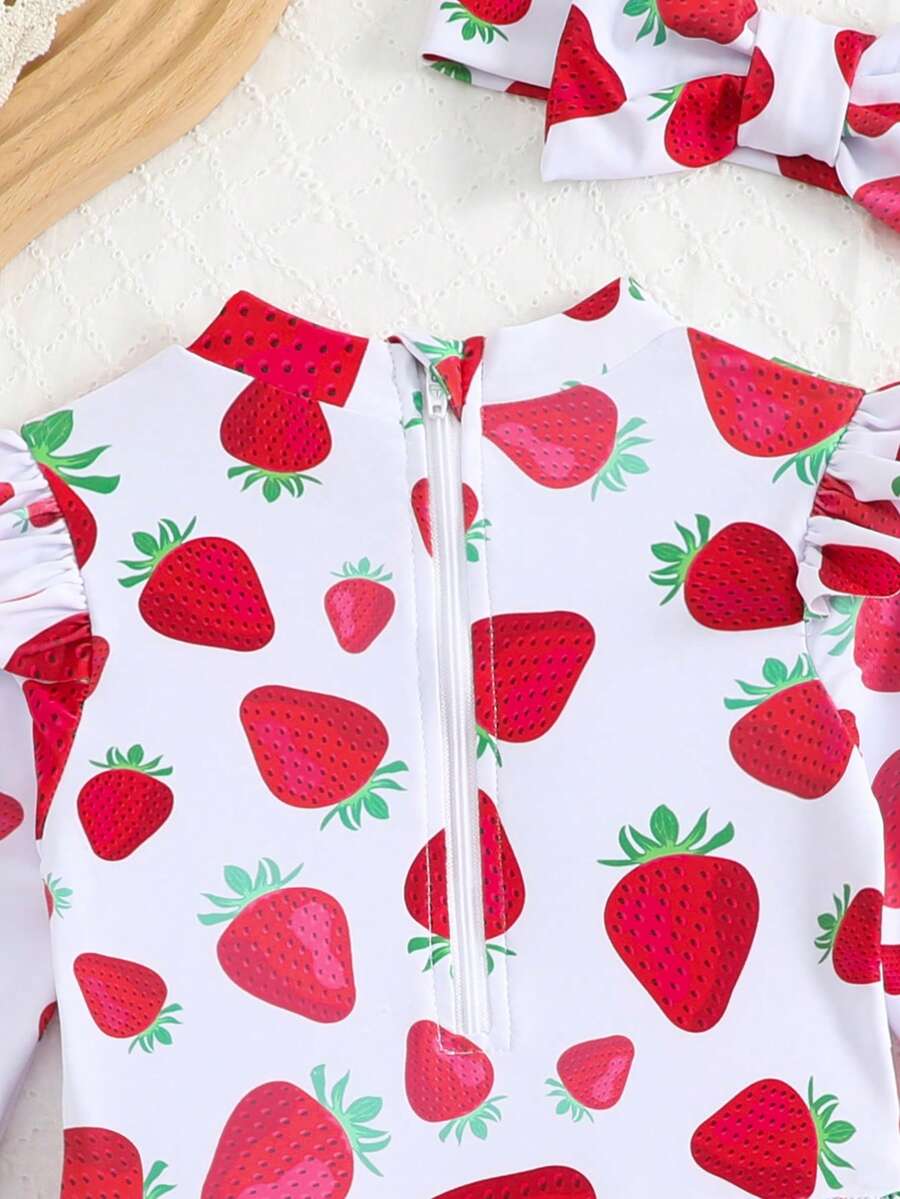 Little Girls Floral Ruffle Swimwear And Matching Headband Summer Vacation Outfit