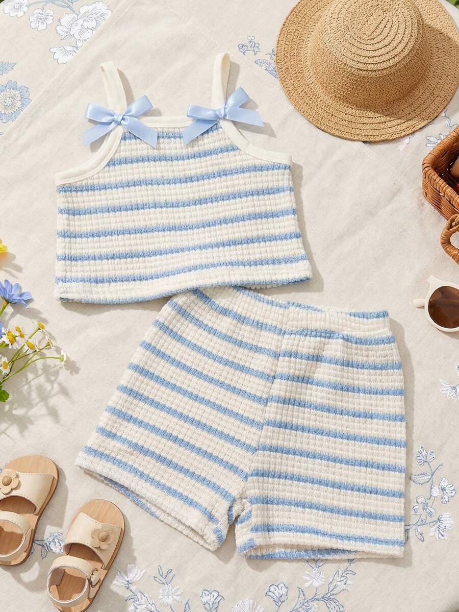 Striped Knit Camisole And Shorts Set For Baby Girls Summer Vacation Wear