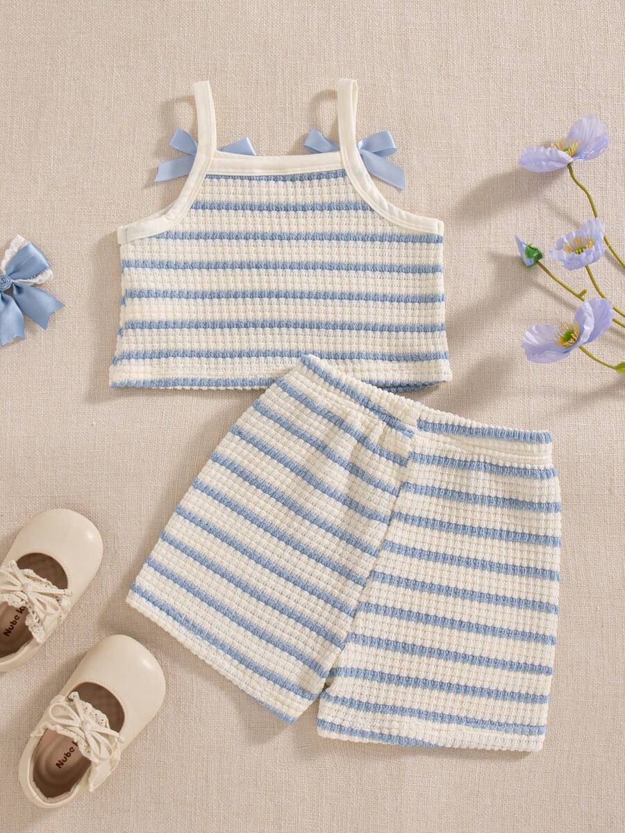 Striped Knit Camisole And Shorts Set For Baby Girls Summer Vacation Wear