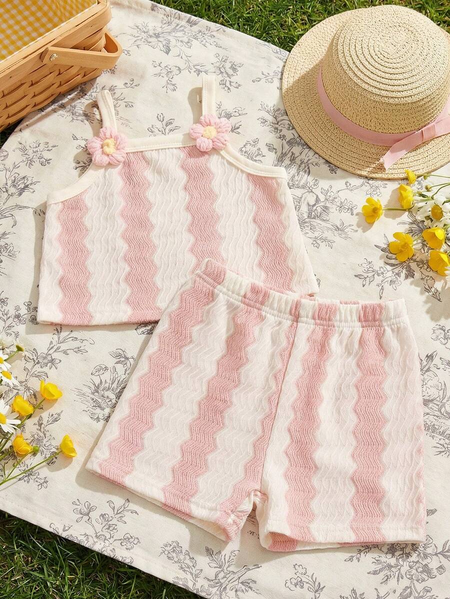 Striped Knit Camisole And Shorts Set For Baby Girls Summer Vacation Wear