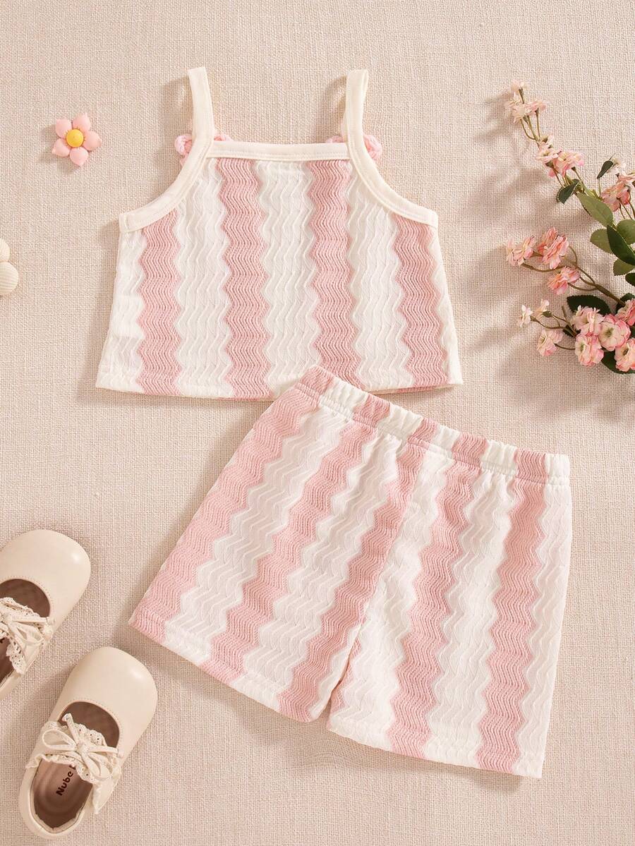 Striped Knit Camisole And Shorts Set For Baby Girls Summer Vacation Wear