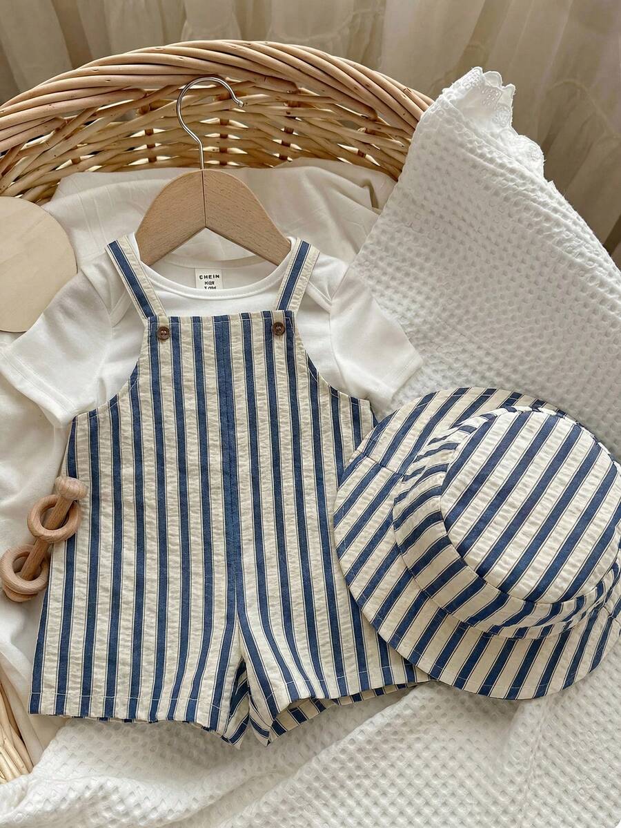 Baby Striped Bib Overalls and Bucket Hat 2 Piece Casual Summer Beach Outfit Set