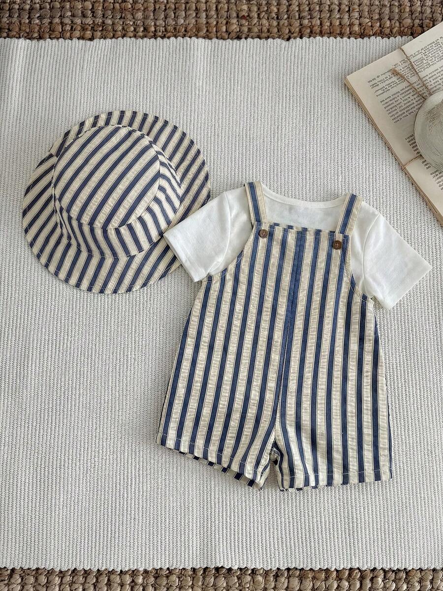 Baby Striped Bib Overalls and Bucket Hat 2 Piece Casual Summer Beach Outfit Set