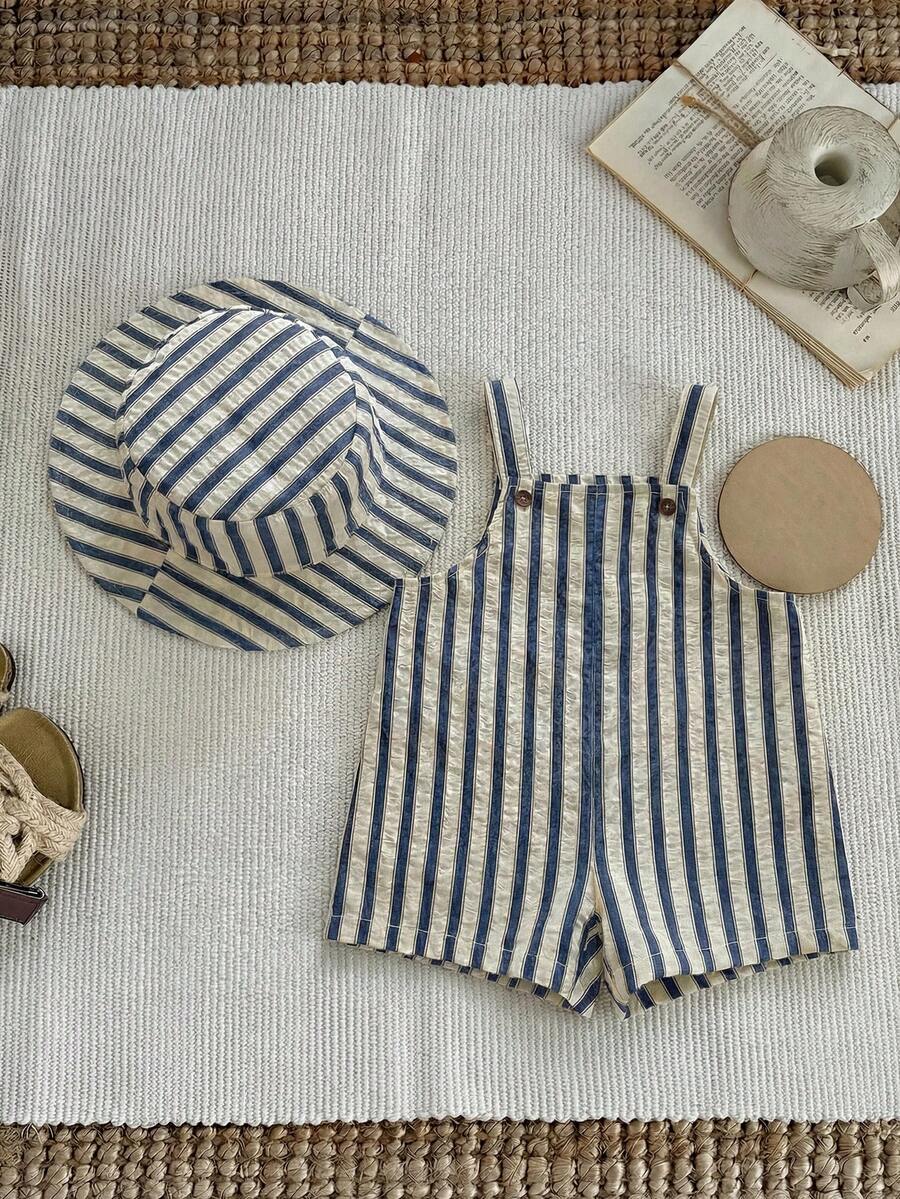 Baby Striped Bib Overalls and Bucket Hat 2 Piece Casual Summer Beach Outfit Set