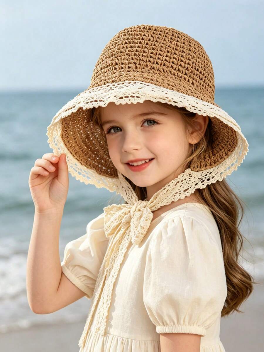 1pc Knitted Lace Bow Sun Hat for Baby and Toddler Casual Wear