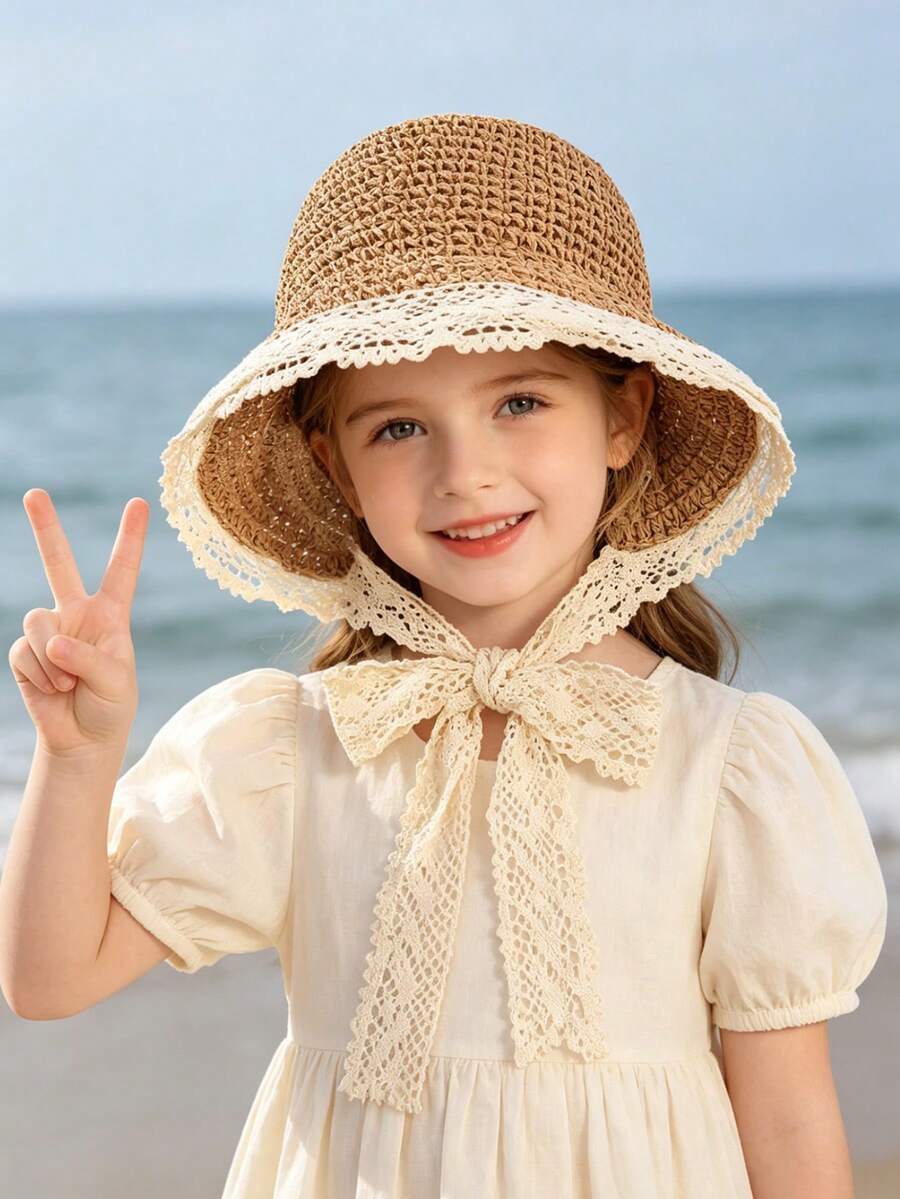1pc Knitted Lace Bow Sun Hat for Baby and Toddler Casual Wear