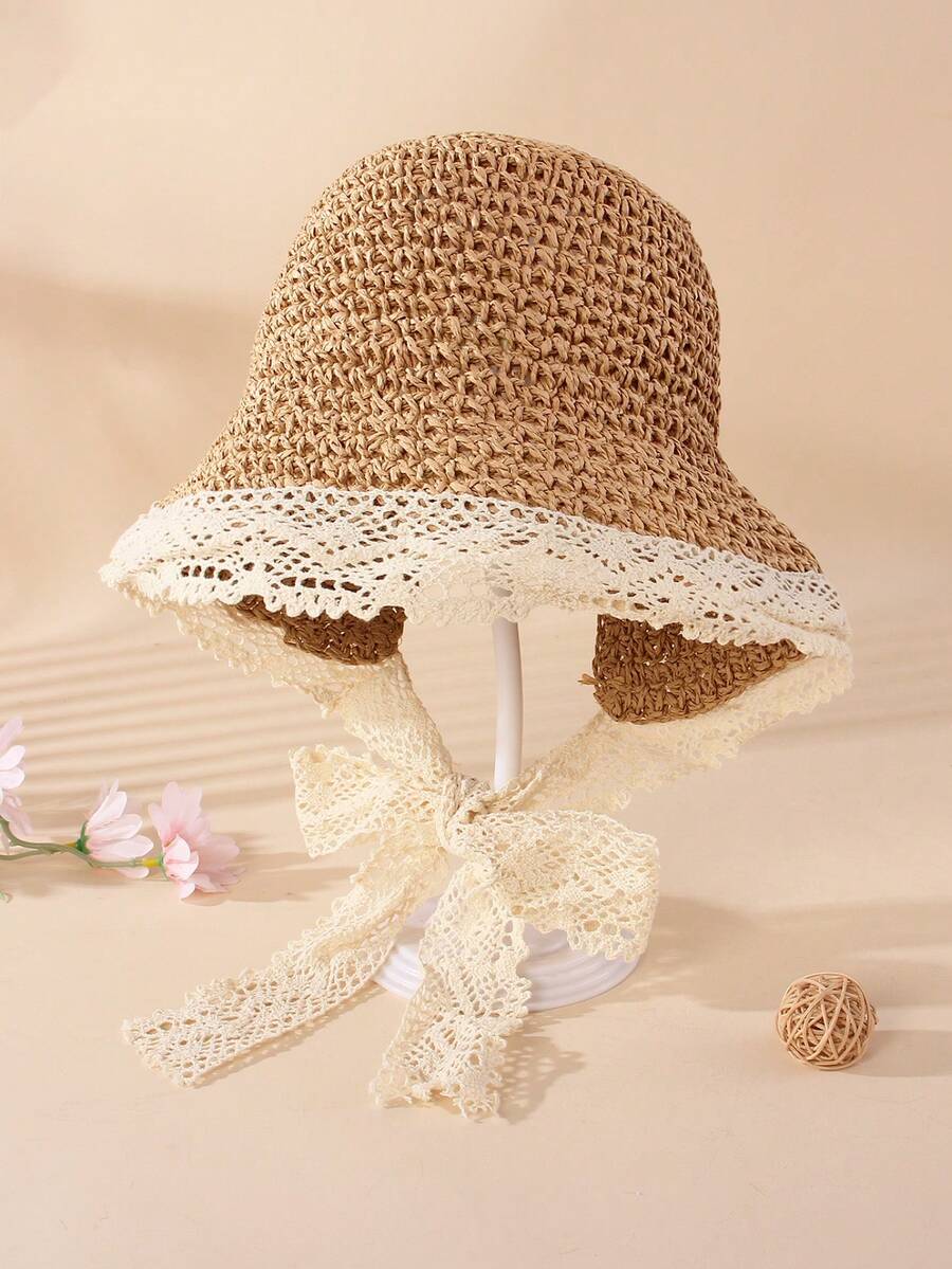 1pc Knitted Lace Bow Sun Hat for Baby and Toddler Casual Wear