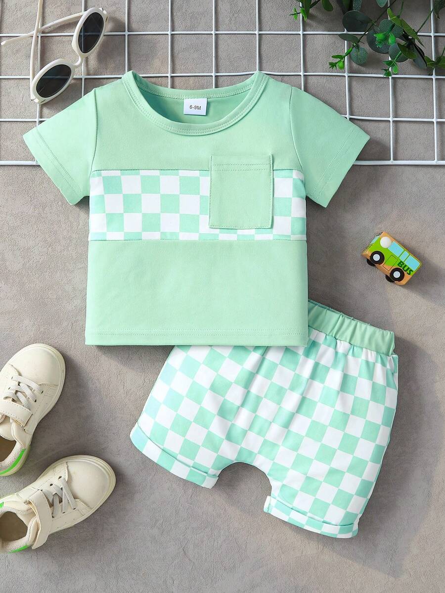 Simple Fashionable Baby Boy Summer Outfit: Pocket Tee and Plaid Shorts