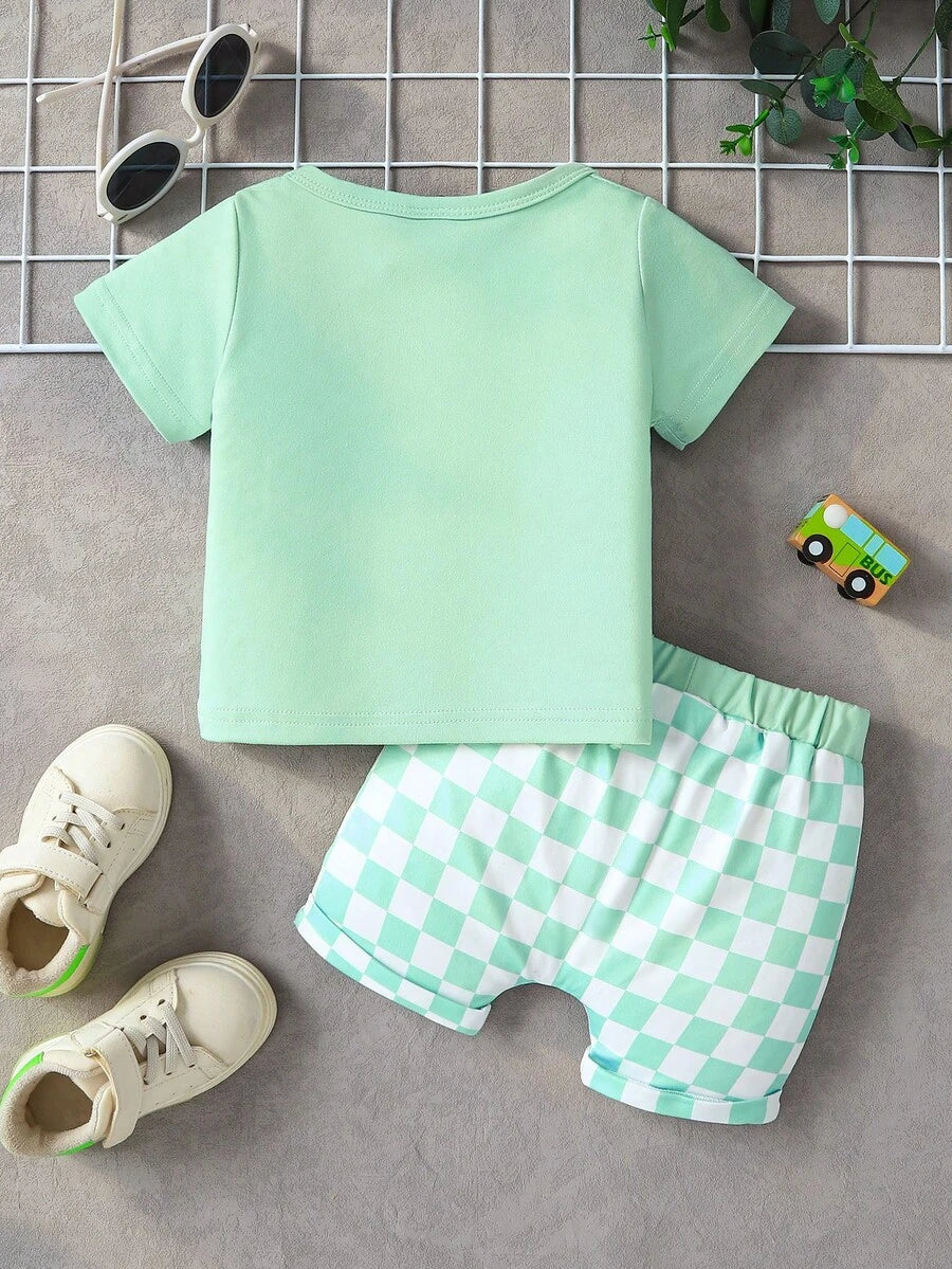Simple Fashionable Baby Boy Summer Outfit: Pocket Tee and Plaid Shorts