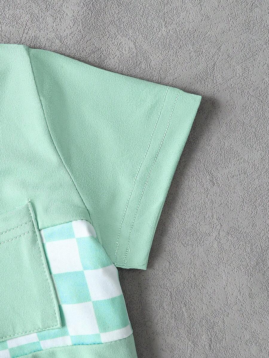 Simple Fashionable Baby Boy Summer Outfit: Pocket Tee and Plaid Shorts