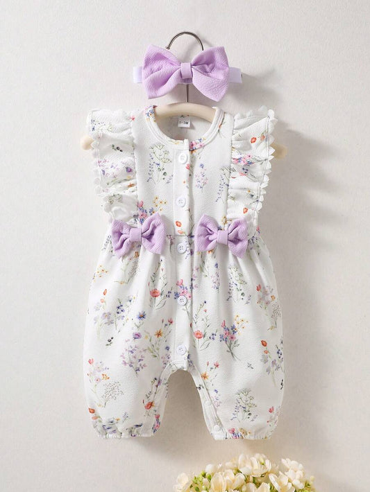 Light Purple Floral White Romper - Ruffle Shoulder Sleeveless Bodysuit & Headband Set