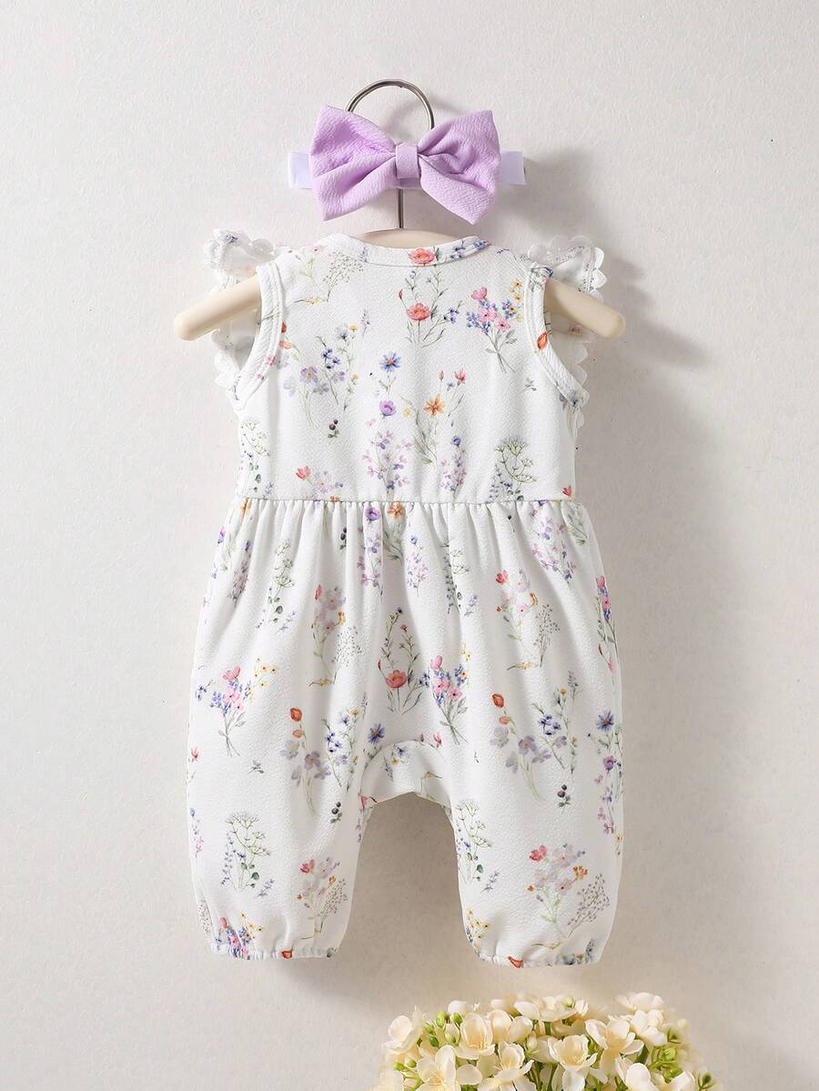 Light Purple Floral White Romper - Ruffle Shoulder Sleeveless Bodysuit & Headband Set