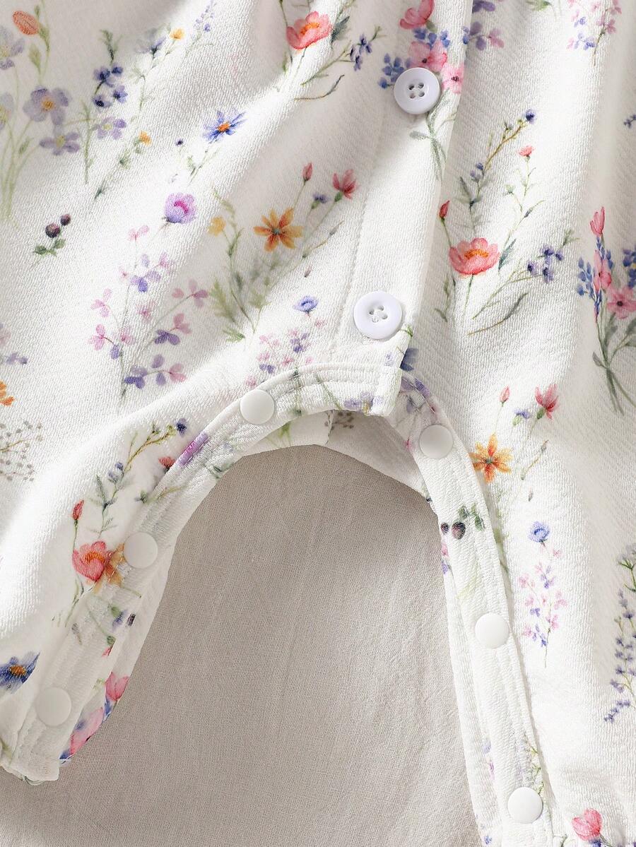 Light Purple Floral White Romper - Ruffle Shoulder Sleeveless Bodysuit & Headband Set
