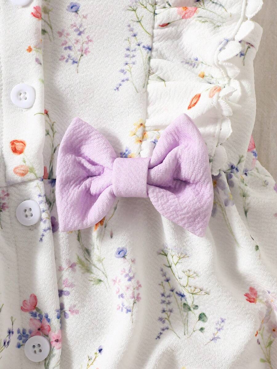 Light Purple Floral White Romper - Ruffle Shoulder Sleeveless Bodysuit & Headband Set