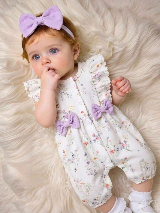 Light Purple Floral White Romper - Ruffle Shoulder Sleeveless Bodysuit & Headband Set
