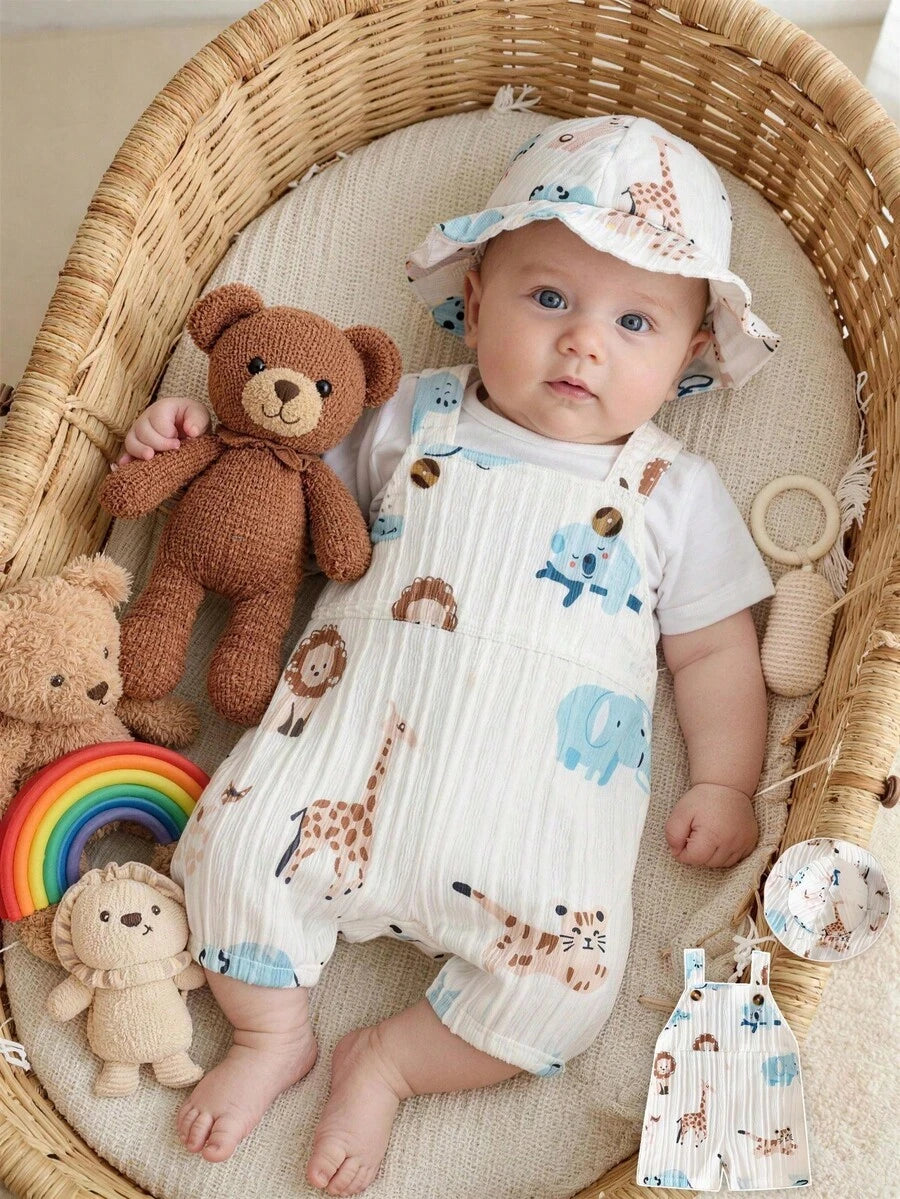 Infant Boy Bear Graphic Overalls - Charming Animal Motif One-Piece Outfit