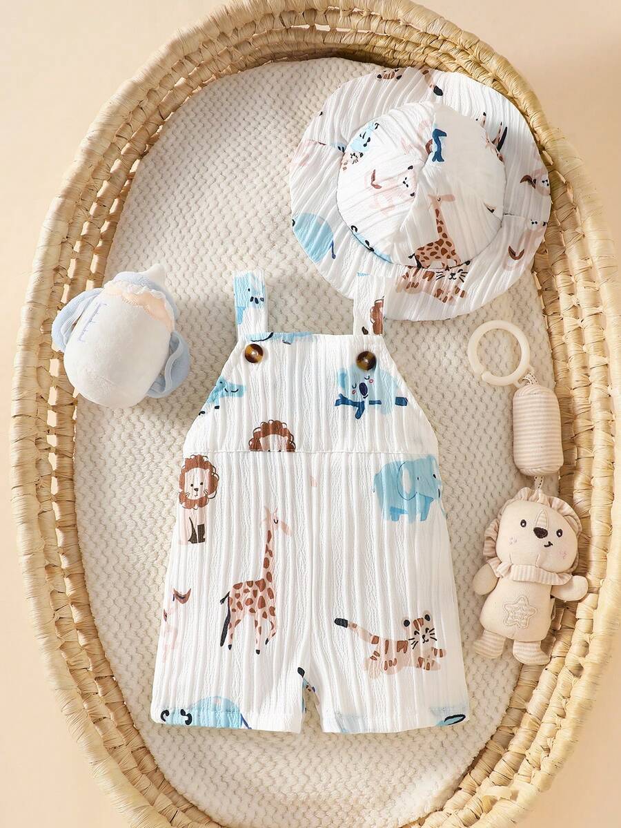 Infant Boy Bear Graphic Overalls - Charming Animal Motif One-Piece Outfit