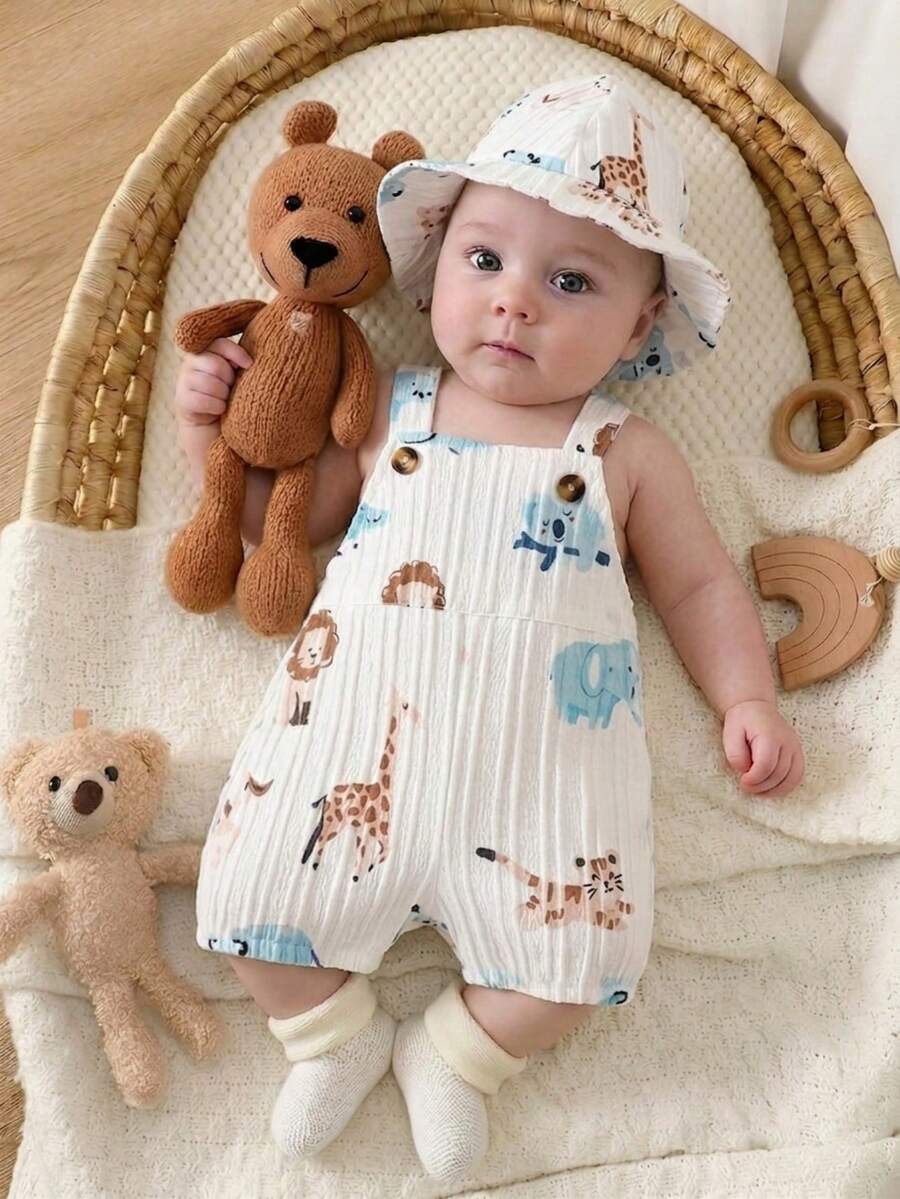 Infant Boy Bear Graphic Overalls - Charming Animal Motif One-Piece Outfit