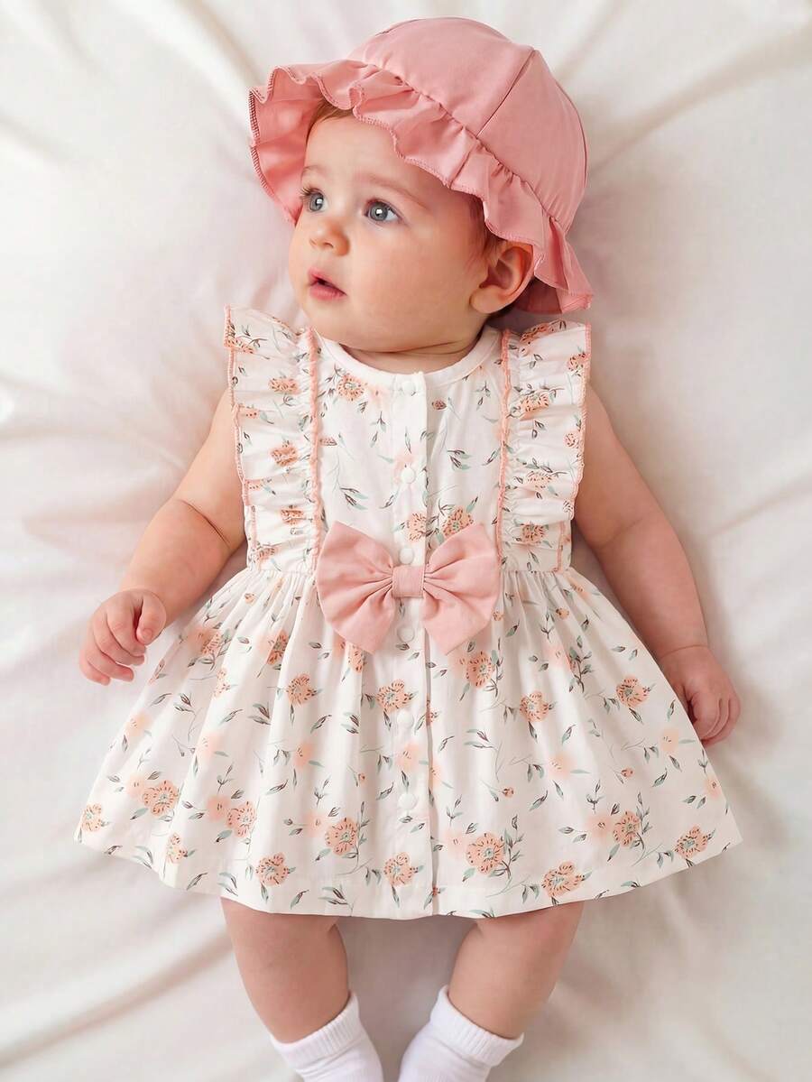 Baby Cherry Print Sleeveless Dress and Red Hat Set for Cute Summer Outings