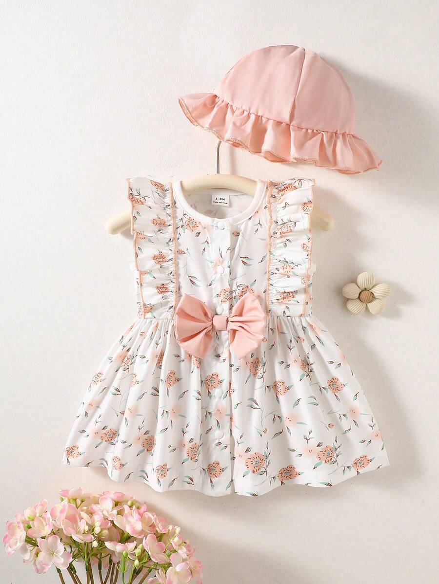 Baby Cherry Print Sleeveless Dress and Red Hat Set for Cute Summer Outings
