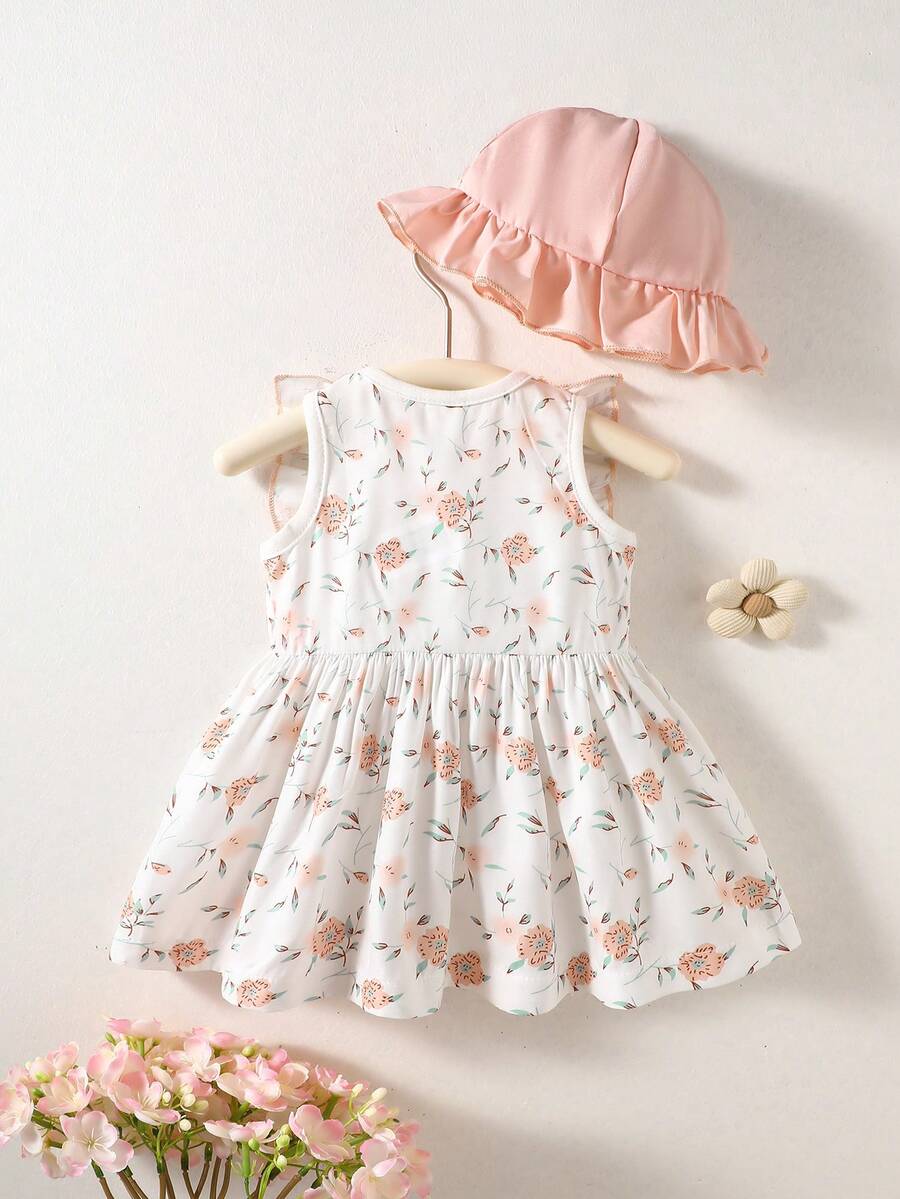Baby Cherry Print Sleeveless Dress and Red Hat Set for Cute Summer Outings