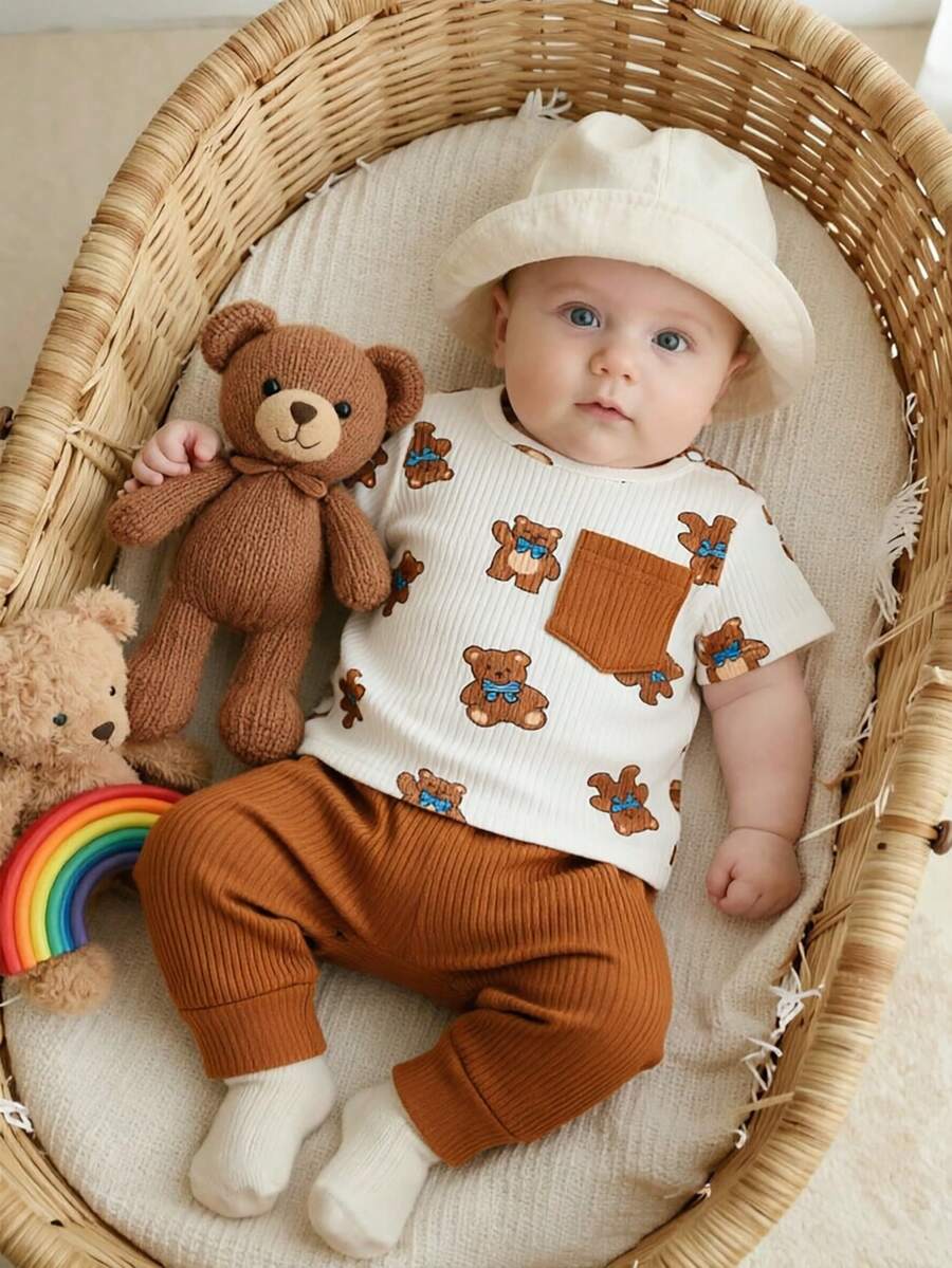 2PCS Baby Boy Dinosaur Print Top and Green Pants Set for Cute Casual Daily Wear