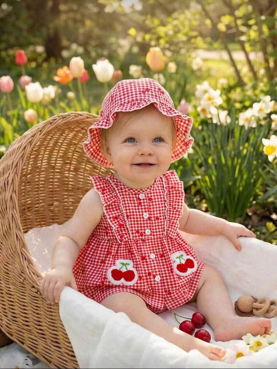 Baby Cherry Print Sleeveless Dress and Red Hat Set for Cute Summer Outings