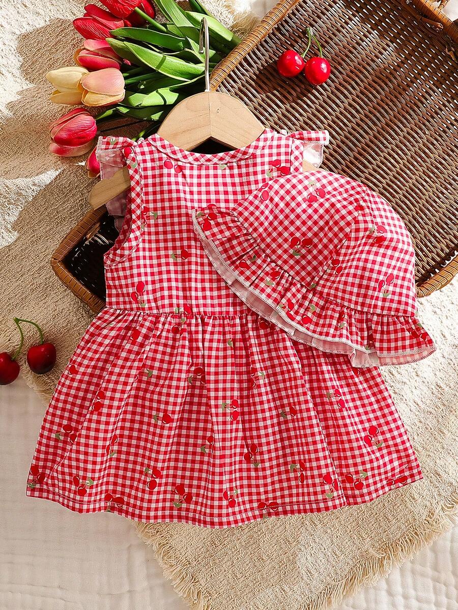 Baby Cherry Print Sleeveless Dress and Red Hat Set for Cute Summer Outings