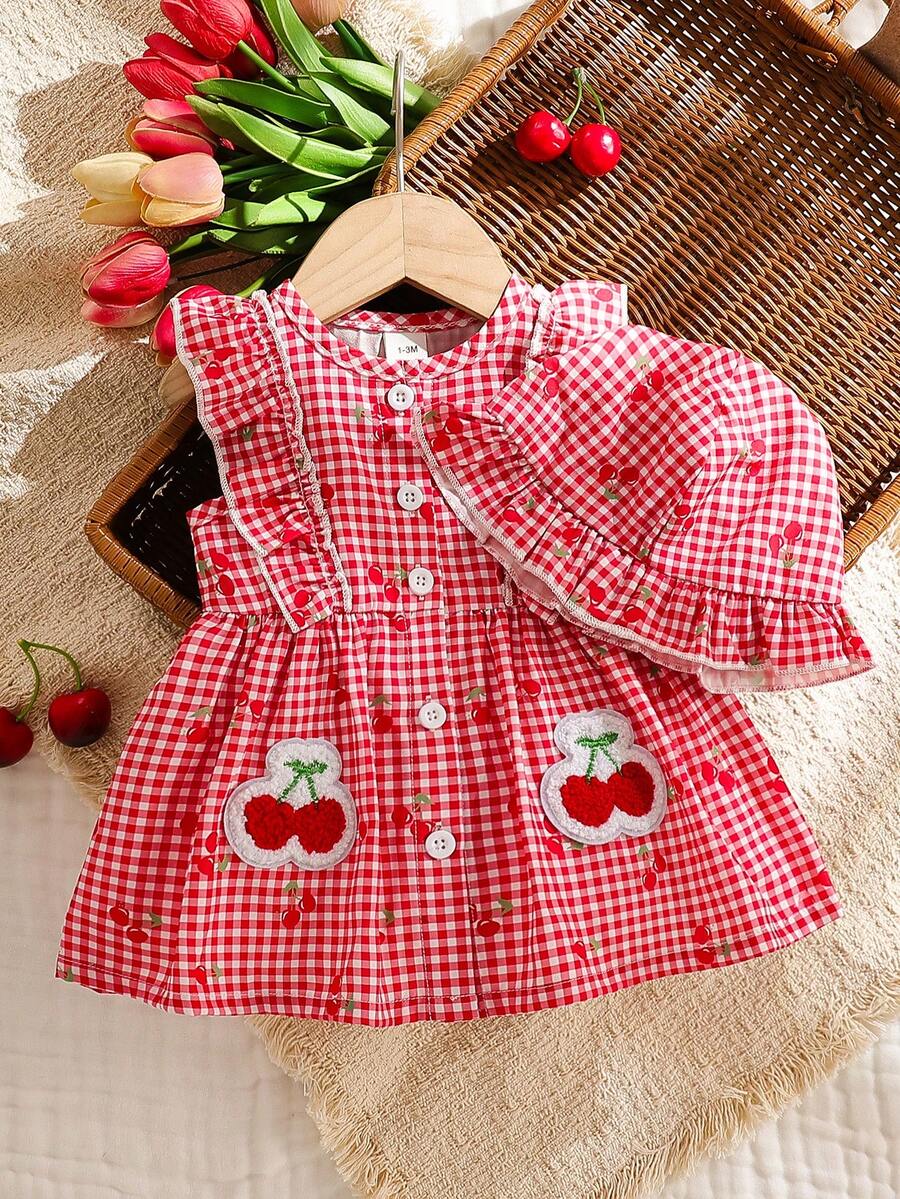 Baby Cherry Print Sleeveless Dress and Red Hat Set for Cute Summer Outings