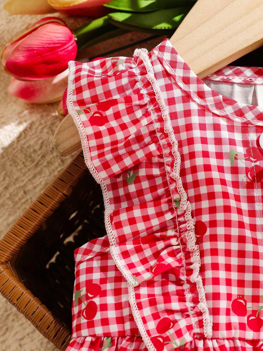 Baby Cherry Print Sleeveless Dress and Red Hat Set for Cute Summer Outings