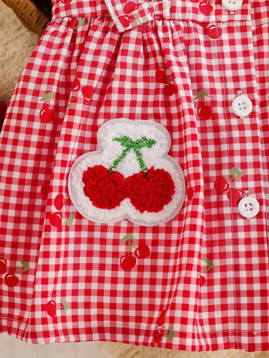 Baby Cherry Print Sleeveless Dress and Red Hat Set for Cute Summer Outings