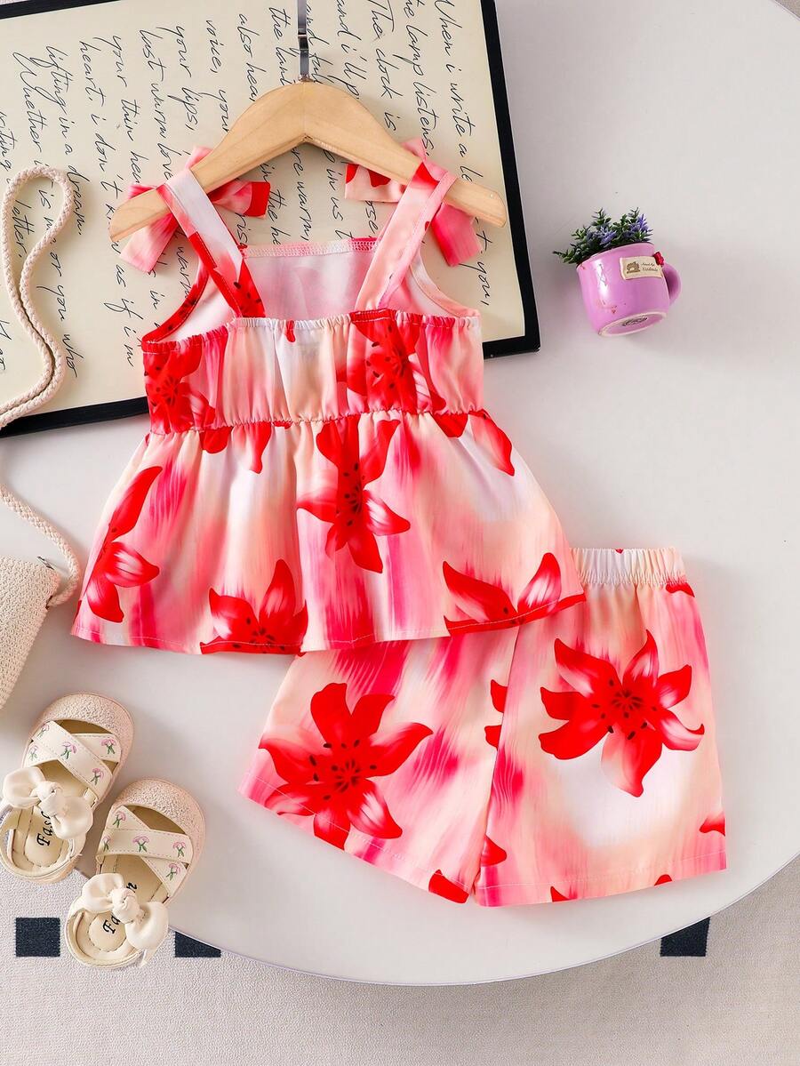 Cute Camisole And Shorts Set For Toddler Girls With Stripe Bow Detail