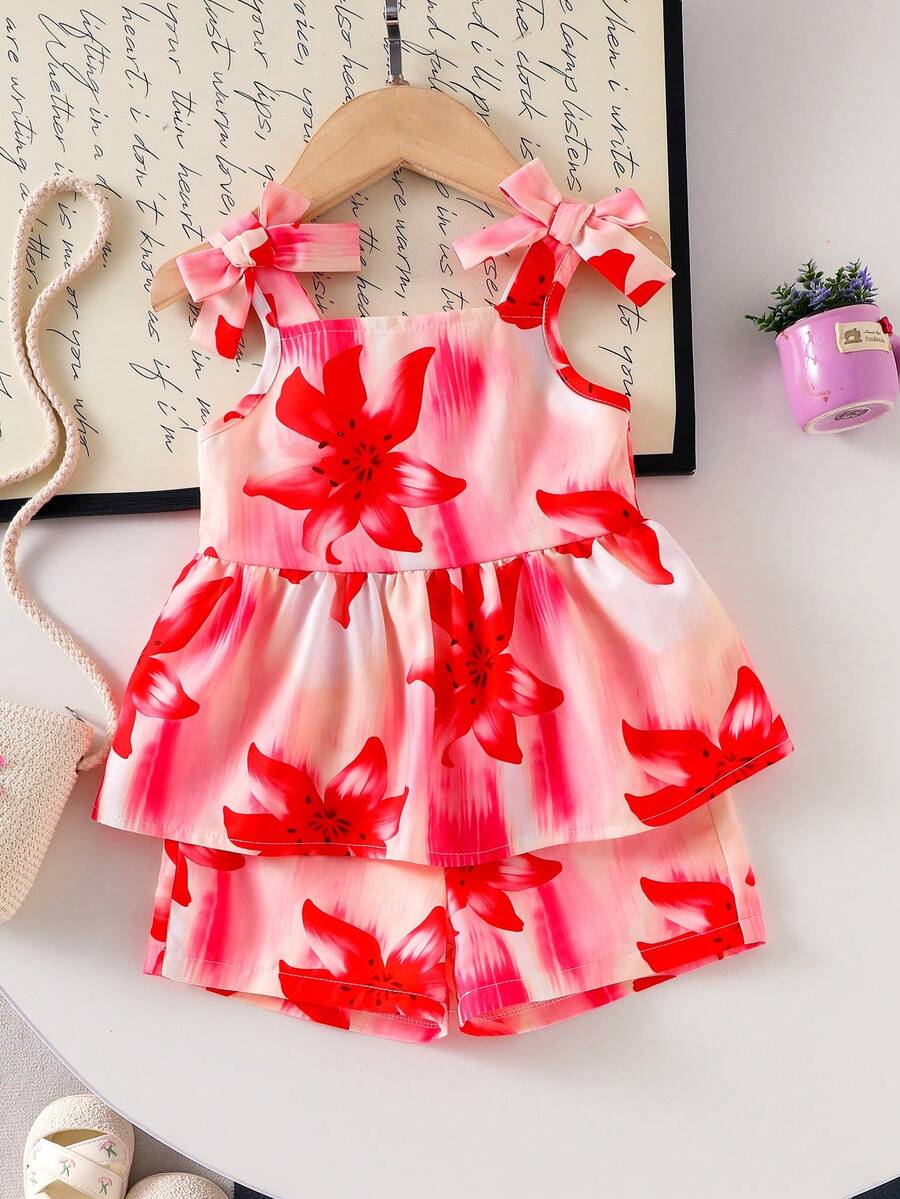 Cute Camisole And Shorts Set For Toddler Girls With Stripe Bow Detail